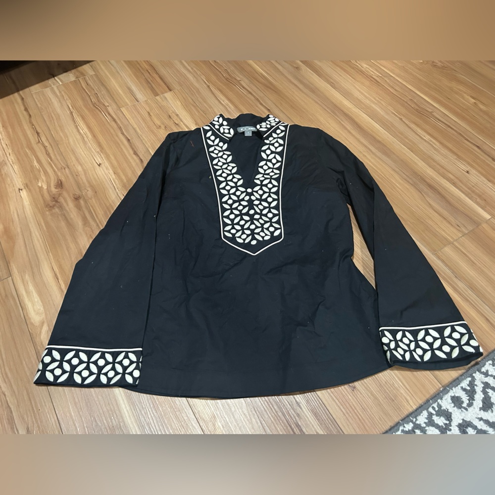 Go Silk Black Tunic with White Geometric Trim Top Size Small